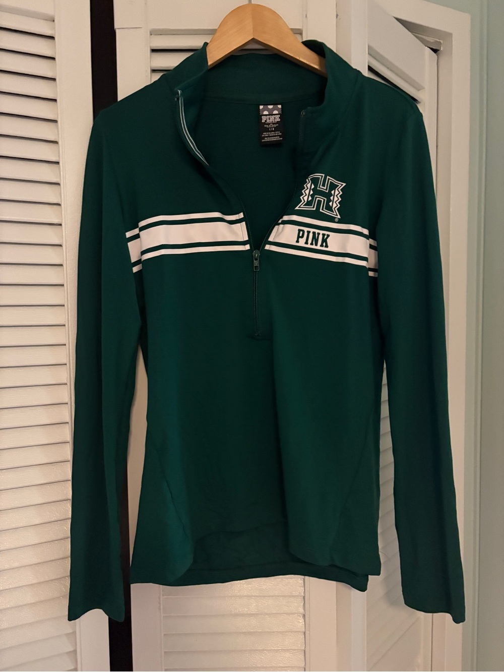 PINK Victoria's Secret Emerald Green Half-Zip Pullover with White Stripes